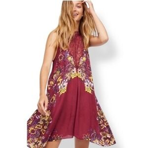Free People Mini Dress Maroon Lace Floral Size XS Flowy‎ Boho Hippie Festival